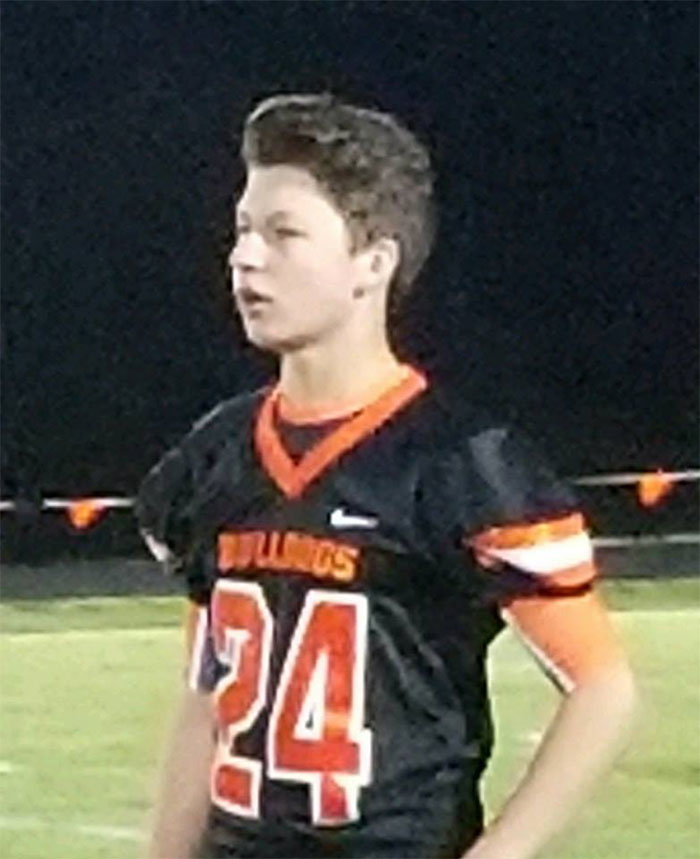 Jakob, an exchange student from Germany, in his football uniform on the field