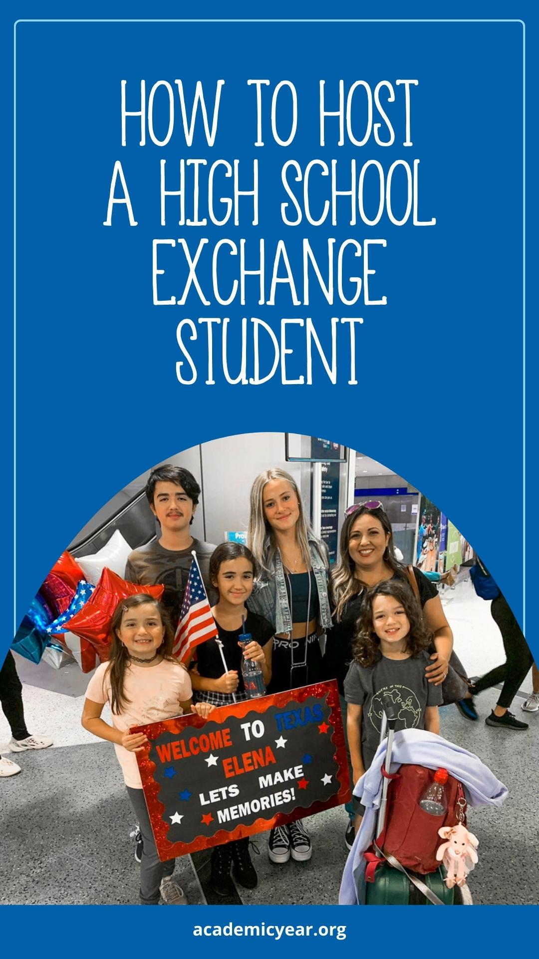 Pin image: host family welcoming exchange student at the airport with text overlay "how to host a high school exchange student"